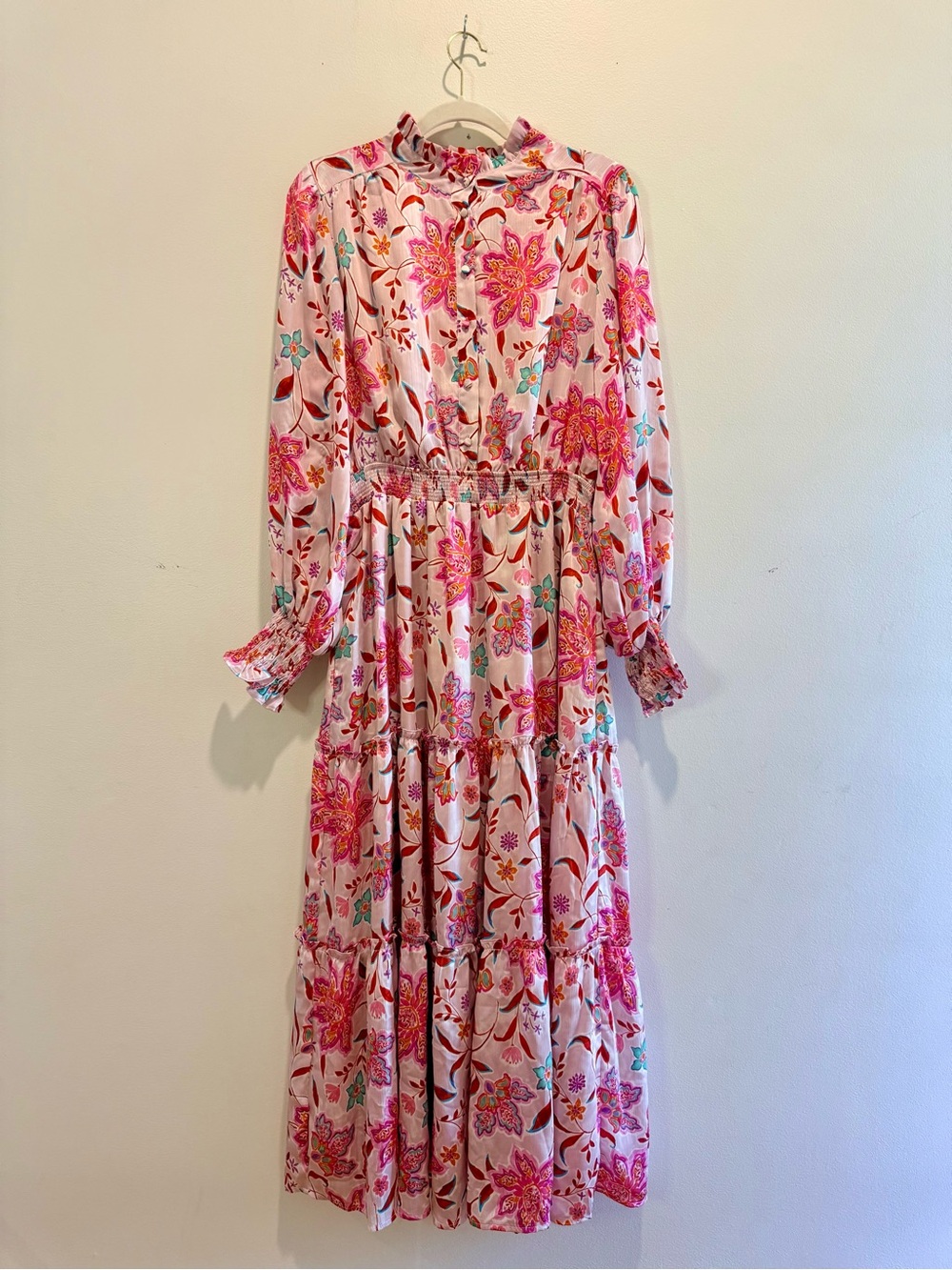 Karlie Pink Floral Tiered Maxi Dress with Ruffle Neck